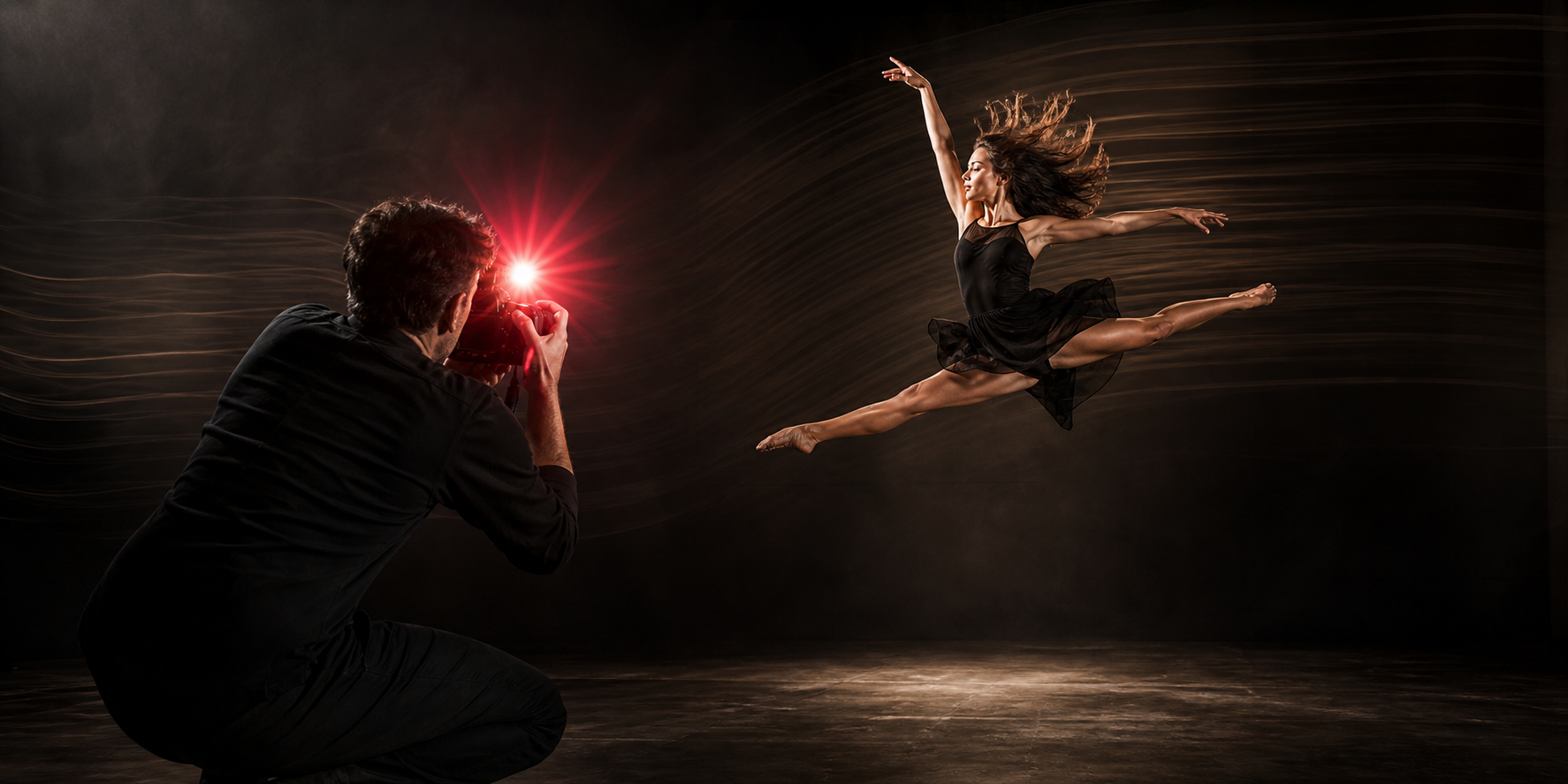 Photographe de Besançon déclenchant un flash au moment exact où une danseuse est saisie en plein saut