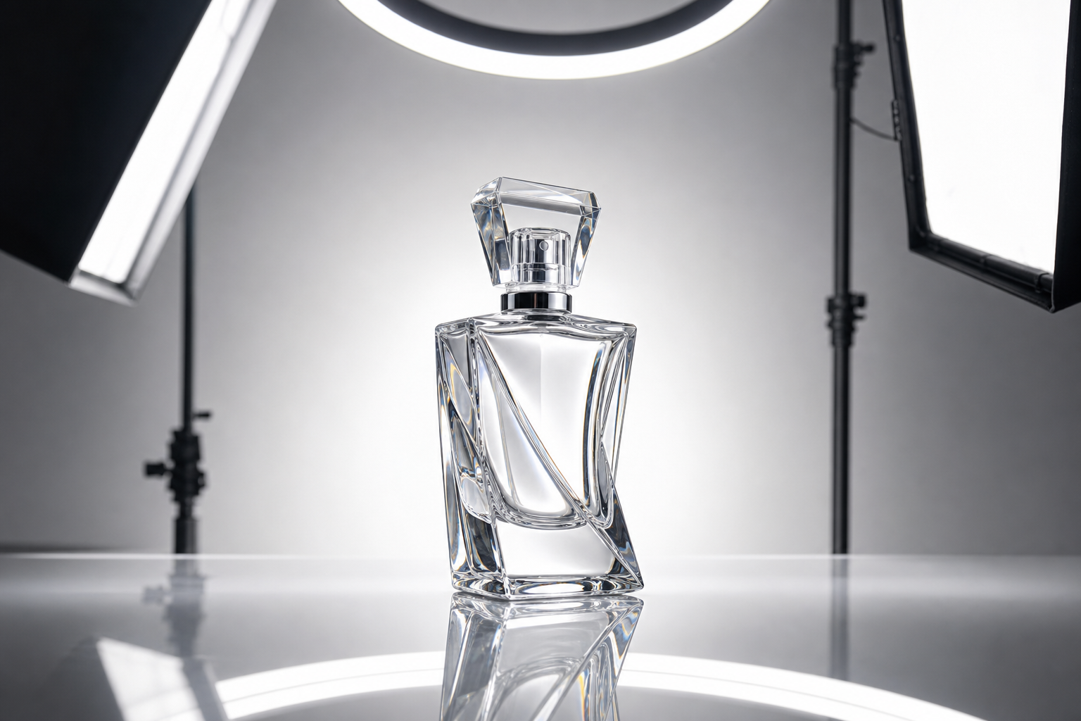 Photographie de produit d'un flacon en verre sur table lumineuse